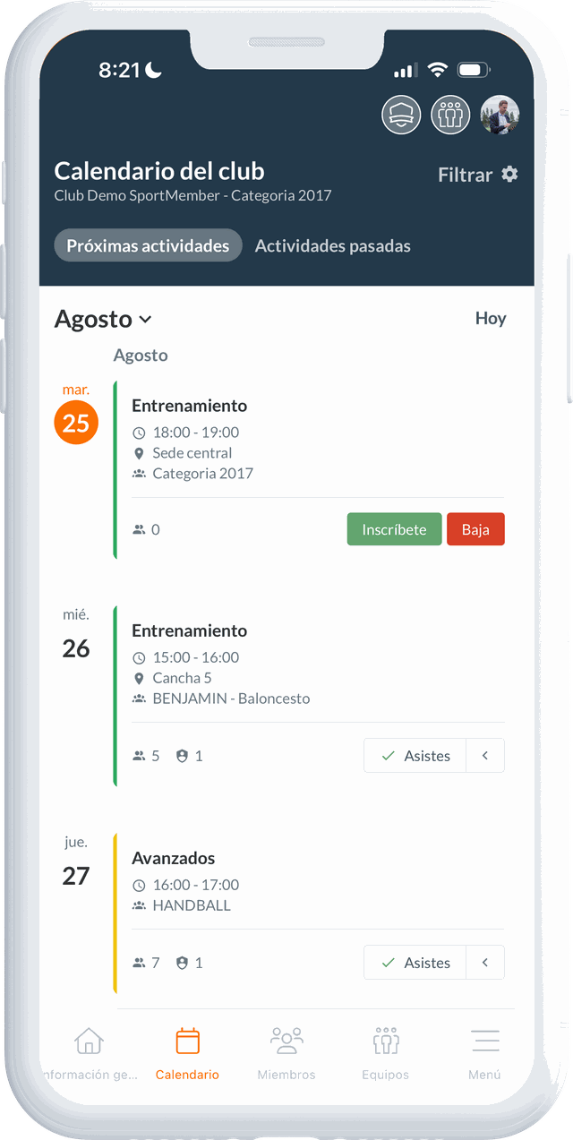 Inscripciones en el calendario del club en la app de SportMember